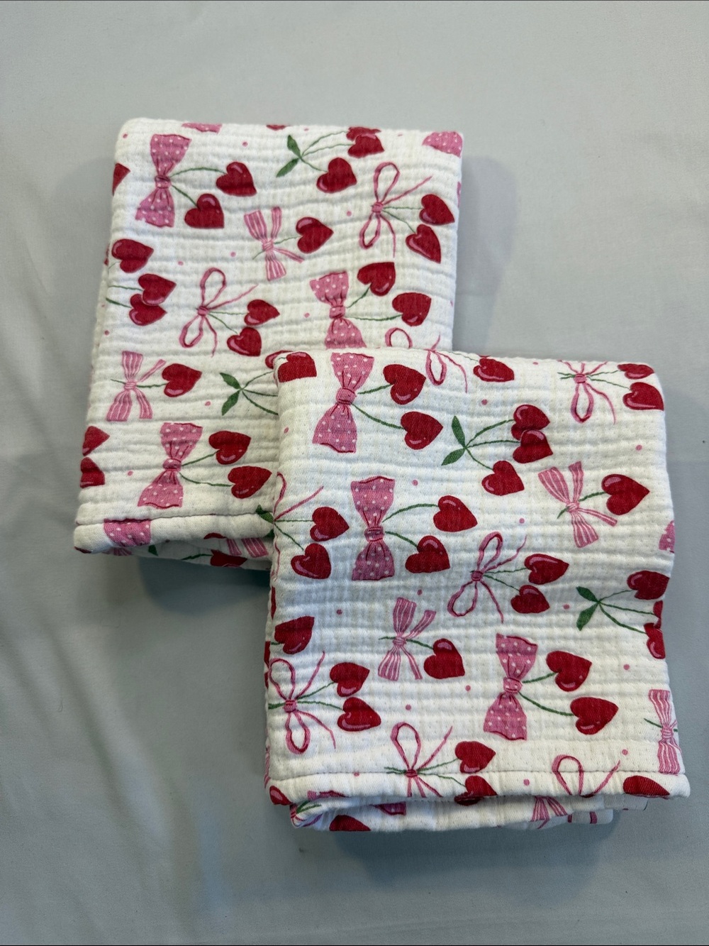 Nicole Miller pair of Kitchen tea towel with Red Cherry and Pink Bow Print